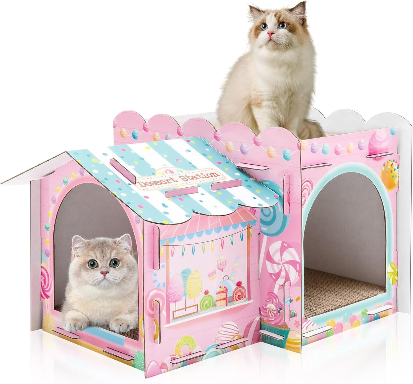 Lineshading 2 Story Cardboard Cat House with Scratcher Pad, Multi Level Durable Cat Scratcher House for Small Kitten Bunny Rabbit Animals Christmas Birthday Gift(17x12x10,Confectionery)
