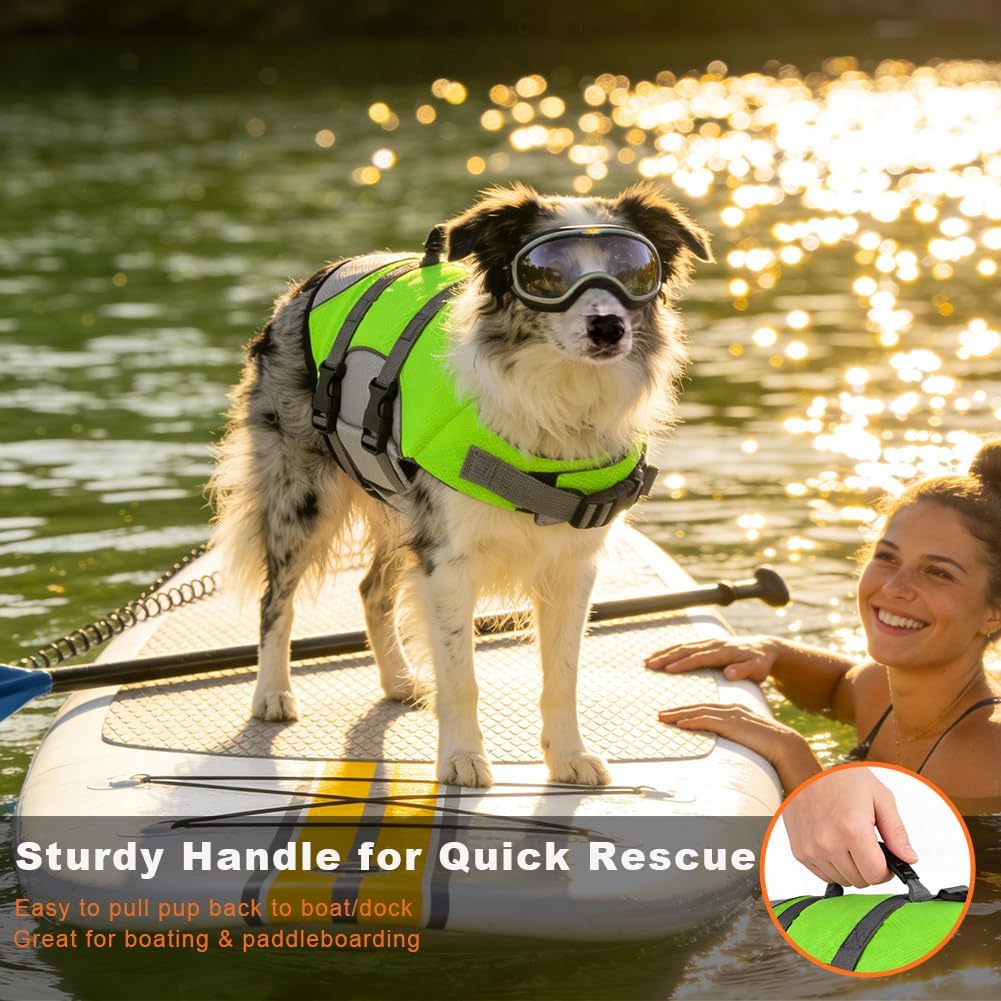 Mklhgty Dog Life Jacket, Reflective Adjustable Dog Life Vest with Rescue Handle for Swimming and Boating, Ripstop Pet Safety Life Preserver for Small, Medium and Large Dogs