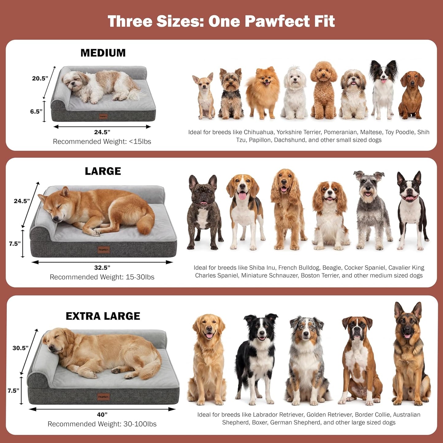 Pawfect Orthopedic Dog Bed for Small, Medium & Large Dogs, Memory Foam Pet Bed with 3 Waterproof Covers, Washable Removable Velvet Cover, Supportive Bolsters, Non-Slip Base (32.5"x24.5"x7.5")
