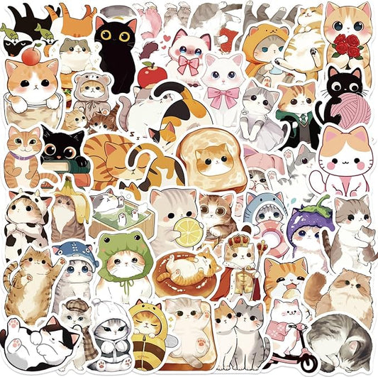 50PCS Cute Cat Stickers, Fun Cat Stickers for Adults Teens, Kawaii Kitten Sticker for Water Bottles Laptop Guitar Suitcase, DIY Waterproof Decals Gifts for Scrapbook Supplies & Decorations